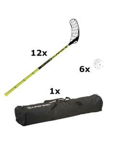 Unihoc Set Player 32 neon gelb/schwarz, 92cm, 12 Stöcke (9L/3R) + 6 Bälle + Gosse Stocktasche
